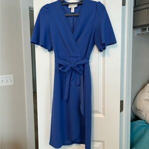 Blue Wrap Flutter Sleeve Knee-Length Dress